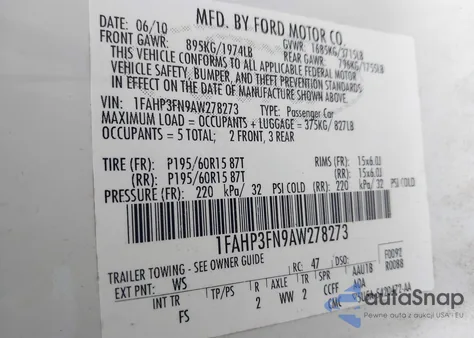 2010 Ford Focus Se из США, поврежденный, VIN 1FAHP3FN9AW278273